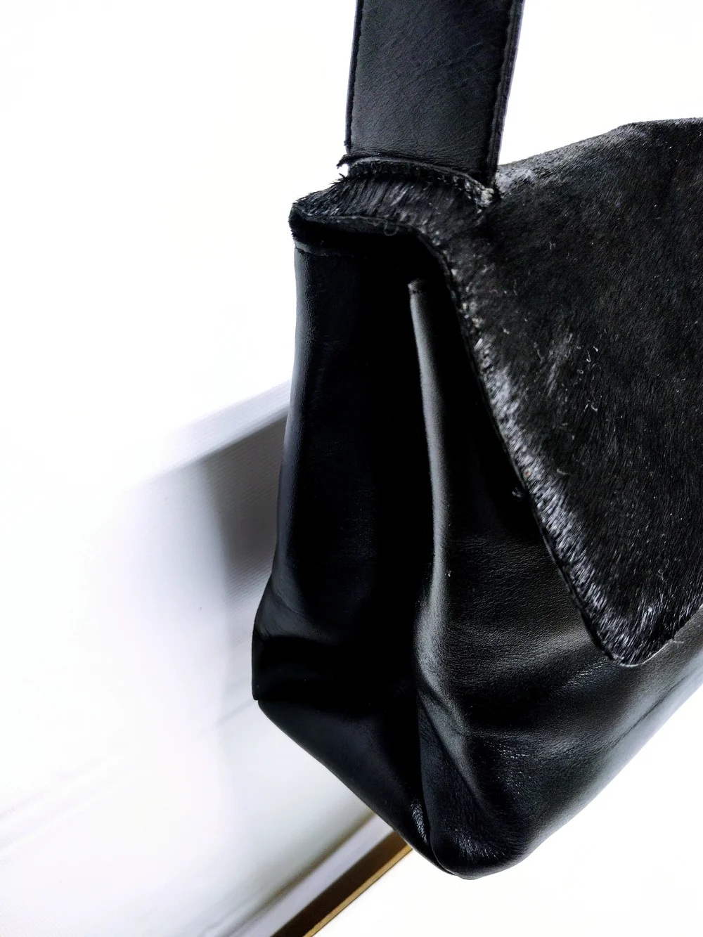 Black Leather and Haircalf Shoulder Bag with Gold Hardware From Adrienne Vittadi